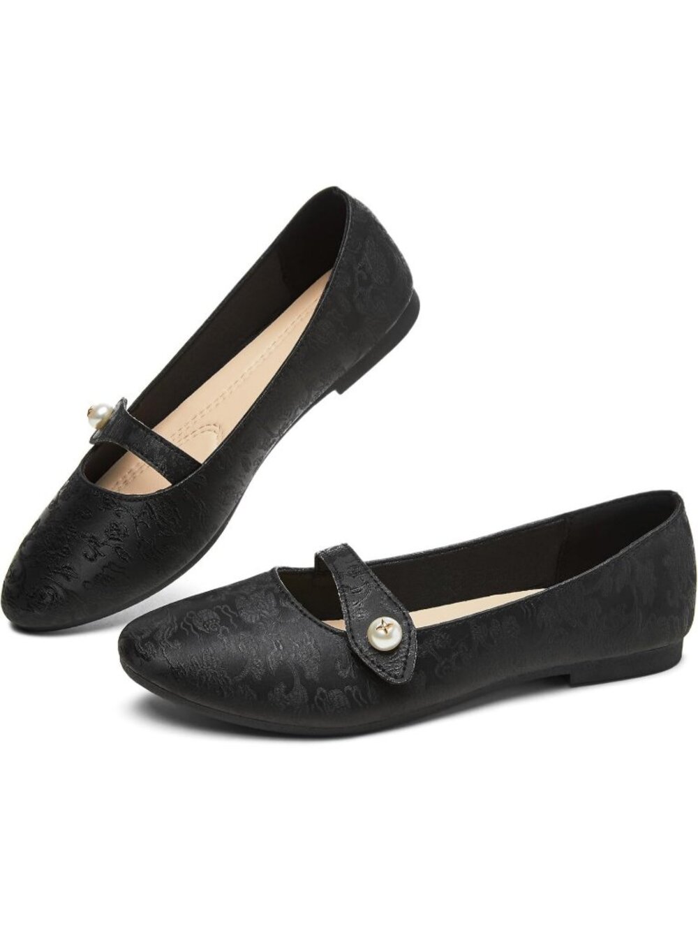 Women's Black Leather Mary Jane Floral Print Ballet Flats Pearl Buckle shoes